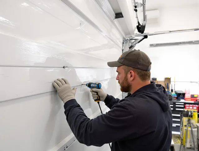 Broadview Heights Garage Door Repair technician demonstrating precision dent removal techniques on a Broadview Heights garage door