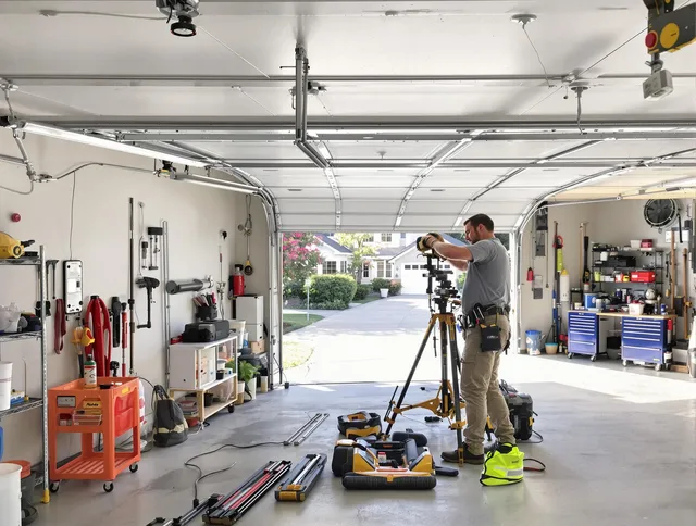 Broadview Heights Garage Door Repair specialist performing laser-guided track alignment in Broadview Heights